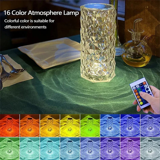 LED Crystal Table Lamp Rose Light Projector 16 Colors Touch Night Light Romantic Diamond Atmosphere Light for Home Bar Decor